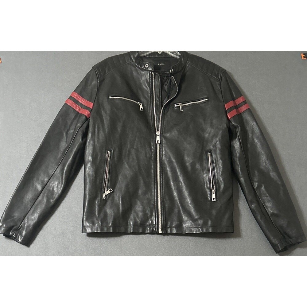 Zara Man Black Faux Leather Moto Biker Jacket Red Stripes Men's Size L Large